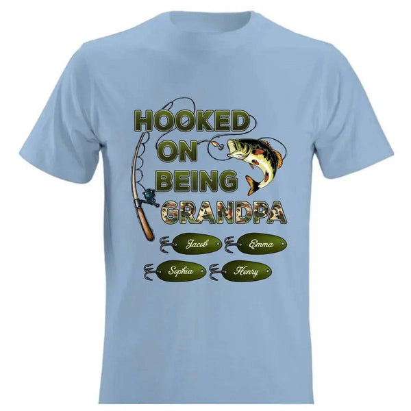 "Personalized Grandpa Fishing T-Shirt/Hoodie - Hooked on Being Grandpa - Ideal Father's Day or Birthday Gift"