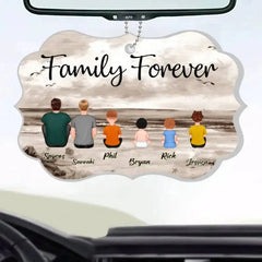 "Beach Landscape Family Sitting Back View Acrylic Or Wooden Car Hanger, Perfect Gift for Father's Day, for Dad or Grandpa"