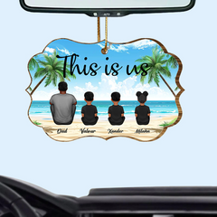 "Beach Landscape Family Sitting Back View Acrylic Or Wooden Car Hanger, Perfect Gift for Father's Day, for Dad or Grandpa"