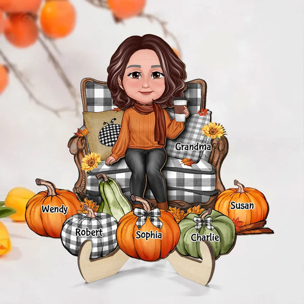 "Personalized Grandma's Autumn Pumpkin Plaque, Poster, Keychain, Ornament, Pillow & Blanket and Cup - A Heartwarming Gift for Loved Ones"