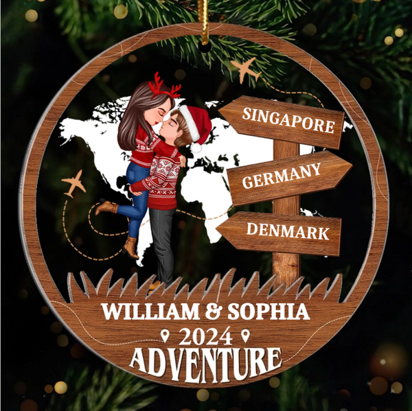 Adventure Kissing Couple Personalized 2-Layer Acrylic Ornament, Christmas Gift For Couple, Gift For Travelers