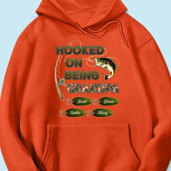 "Personalized Grandpa Fishing T-Shirt/Hoodie - Hooked on Being Grandpa - Ideal Father's Day or Birthday Gift"