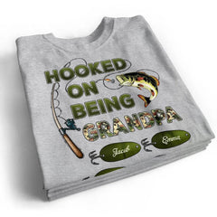 "Personalized Grandpa Fishing T-Shirt/Hoodie - Hooked on Being Grandpa - Ideal Father's Day or Birthday Gift"