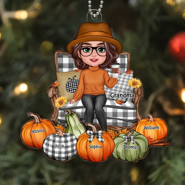 "Personalized Grandma's Autumn Pumpkin Ornament, Poster, Keychain, Plaque, Pillow & Blanket and Cup - A Heartwarming Gift for Loved Ones"