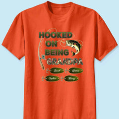 "Personalized Grandpa Fishing T-Shirt/Hoodie - Hooked on Being Grandpa - Ideal Father's Day or Birthday Gift"