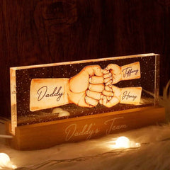 "Strength of Daddy's Team" - Personalized Fist Bump Acrylic LED Night Light Plaque - Ideal Father's Day Tribute