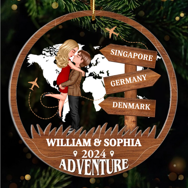 Adventure Kissing Couple Personalized 2-Layer Acrylic Ornament, Christmas Gift For Couple, Gift For Travelers