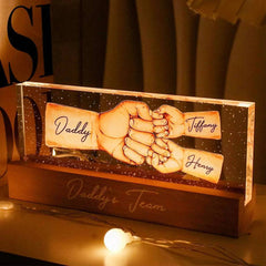 "Strength of Daddy's Team" - Personalized Fist Bump Acrylic LED Night Light Plaque - Ideal Father's Day Tribute