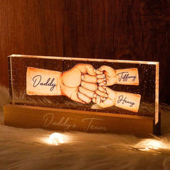 "Strength of Daddy's Team" - Personalized Fist Bump Acrylic LED Night Light Plaque - Ideal Father's Day Tribute