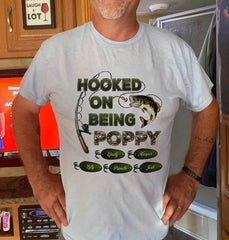 "Personalized Grandpa Fishing T-Shirt/Hoodie - Hooked on Being Grandpa - Ideal Father's Day or Birthday Gift"