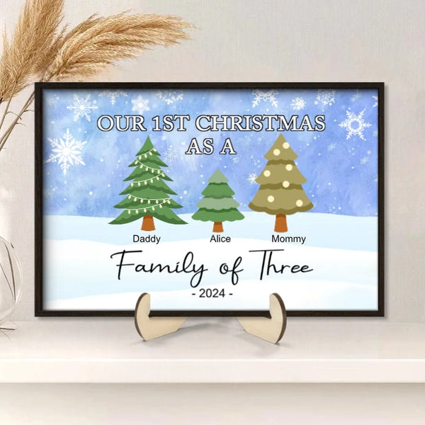 "Personalized Family of Three Ornament - Our 1st Christmas as a Family - Custom Christmas Tree Poster，Ornament，Plaque，Keychain，Pillow ，Cup