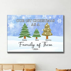 "Personalized Family of Three Ornament - Our 1st Christmas as a Family - Custom Christmas Tree Poster，Ornament，Plaque，Keychain，Pillow ，Cup